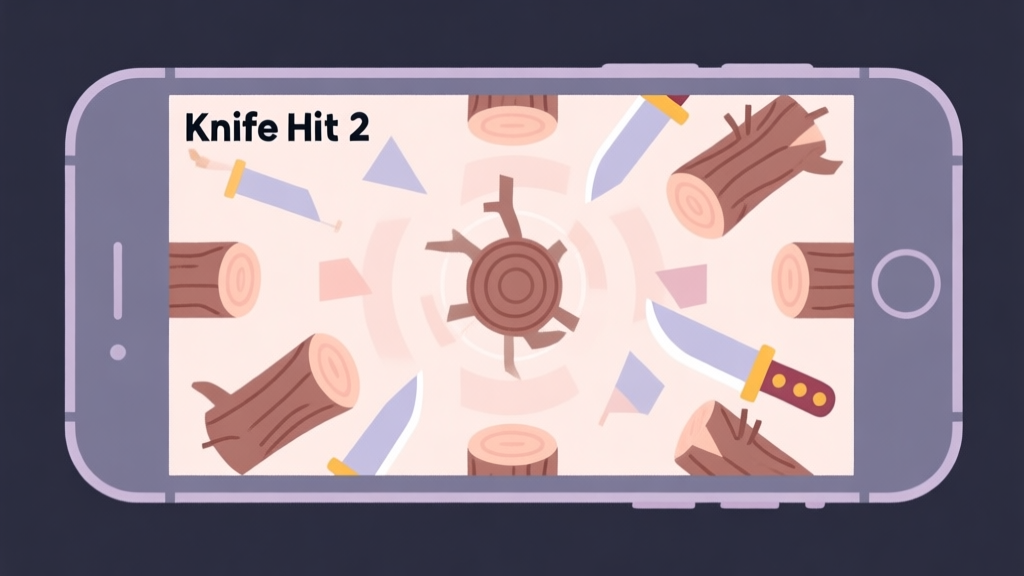 A minimalist illustration of a smartphone screen showing a Knife Hit 2 level with complex rotating logs and knives, soft pastel color palette, clean lines, focus on geometric shapes and timing high quality illustration, detailed, 16:9