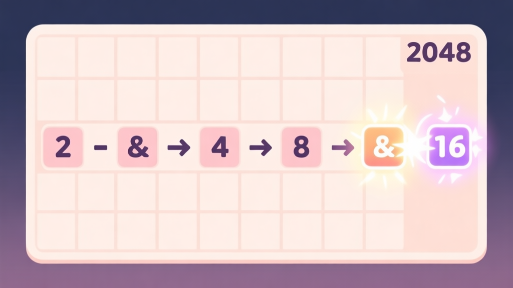 A clean, minimalist grid of 2048 game showing the sequence 2 -> 4 -> 8 -> 16 with glowing merge animations, soft pastel color scheme, flat design high quality illustration, detailed, 16:9