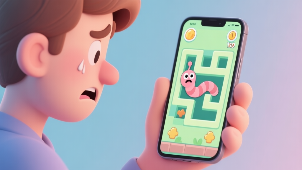 A frustrated player looking at a smartphone screen showing a tricky puzzle level from a cute worm game, with a cartoon worm stuck in a maze, soft pastel colors high quality illustration, detailed, 16:9