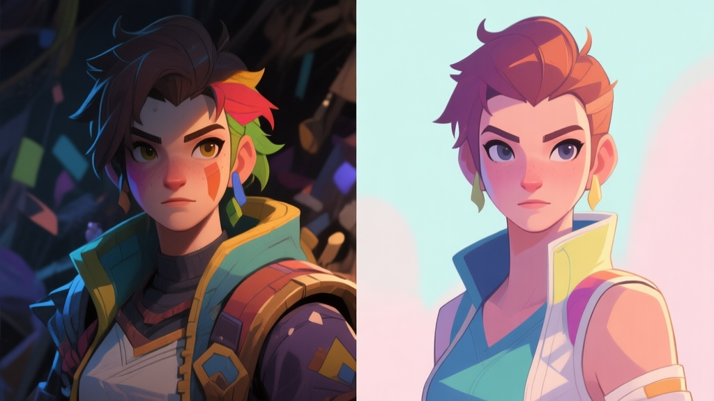 A split-screen comparison of two game character portraits. Left side shows a poorly lit, cluttered character with mismatched colors. Right side shows a clean, well-lit character with harmonious colors and a focused expression, soft pastel background high quality illustration, detailed, 16:9
