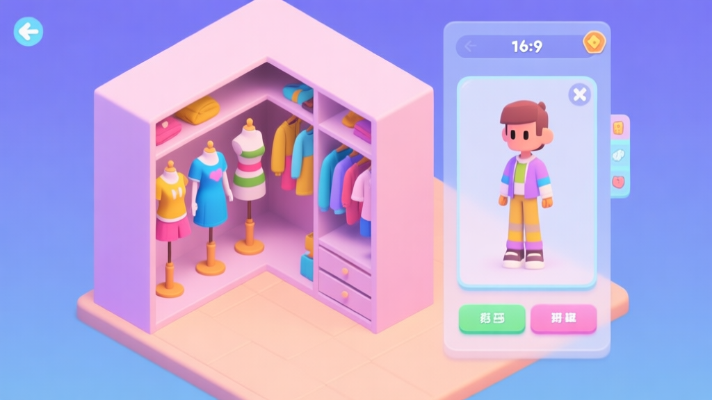 A vibrant, isometric view of a digital wardrobe interface with mannequins wearing mismatched clothes on one side and a perfectly coordinated avatar on the other, soft pastel color palette, clean game UI style high quality illustration, detailed, 16:9