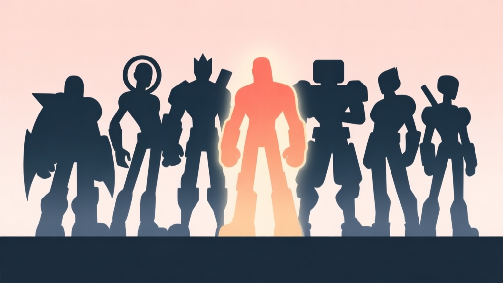 A collection of stylized, silhouetted video game character archetypes standing together, with one highlighted in a warm color, soft pastel background, minimalist design high quality illustration, detailed, 16:9