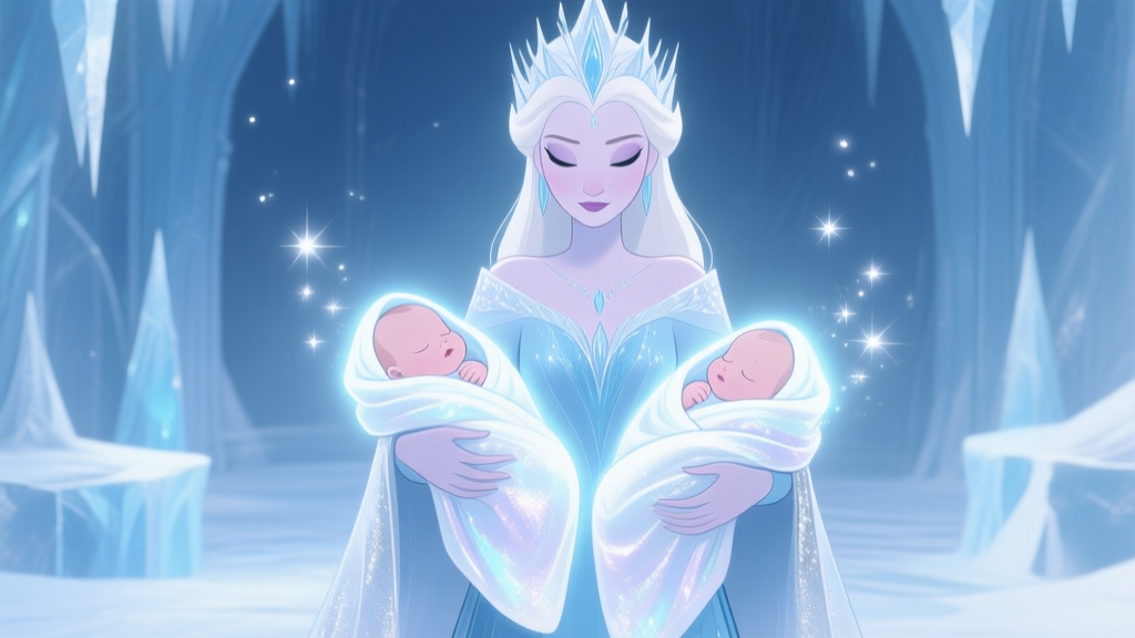 A stylized, serene illustration of the Ice Queen character in a frosty chamber, holding two glowing infants wrapped in shimmering, ethereal blankets. Soft blues, whites, and silver color palette, with magical sparkles in the air. high quality illustration, detailed, 16:9