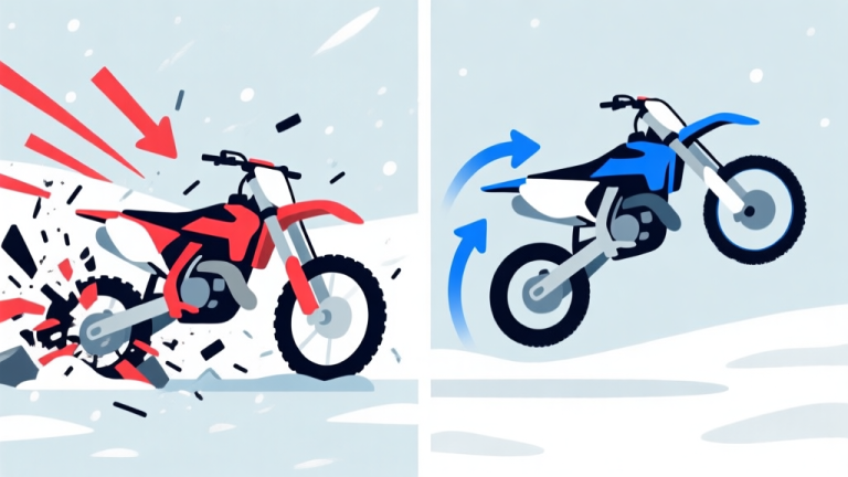 自动生成图片: Side-by-side comparison of a motocross bike in Moto X3M Winter, left side showing a chaotic crash with red velocity arrows, right side showing a smooth, controlled jump with blue momentum arrows, minimalist vector art, soft winter color palette high quality illustration, detailed, 16:9