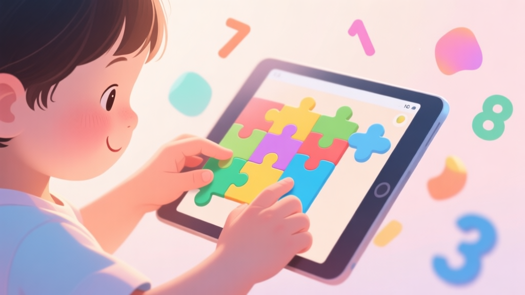 A cheerful, softly lit digital illustration of a child's hands playing a colorful puzzle game on a tablet, with abstract shapes and numbers floating around, in a gentle pastel color scheme high quality illustration, detailed, 16:9