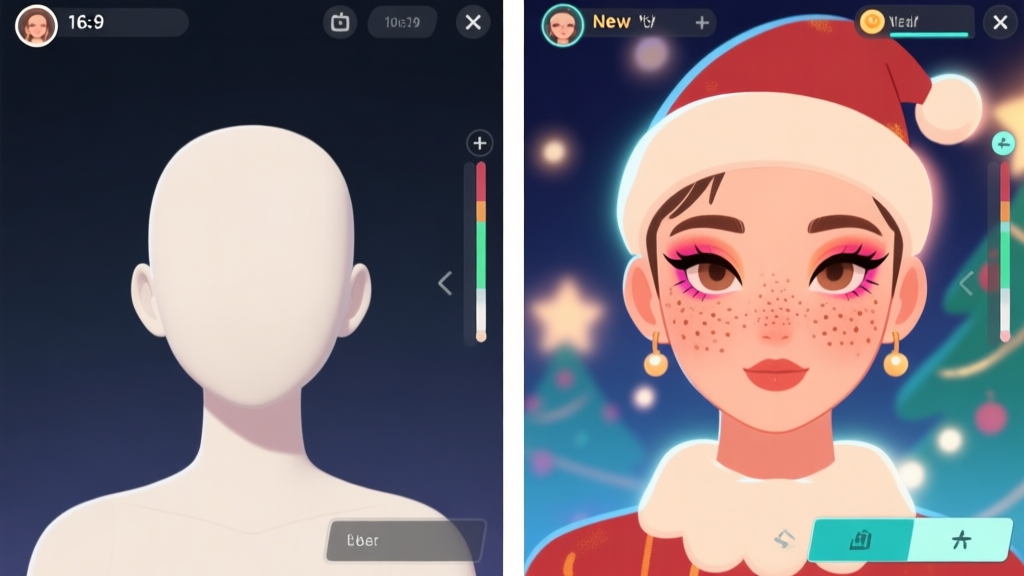 A split-screen character creation menu in a video game, left side shows a default plain character model, right side shows the same model with beautifully applied freckles and festive New Year's makeup, soft glow effect, warm and cool color contrast, minimalist UI high quality illustration, detailed, 16:9