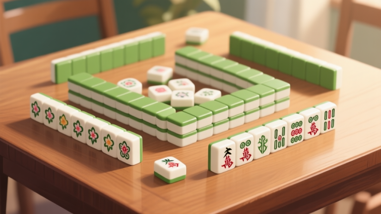 自动生成图片: A beautifully arranged set of Mahjong tiles on a wooden table, focusing on the distinctive Flower and Season tiles placed separately, soft natural lighting, warm and inviting color palette high quality illustration, detailed, 16:9