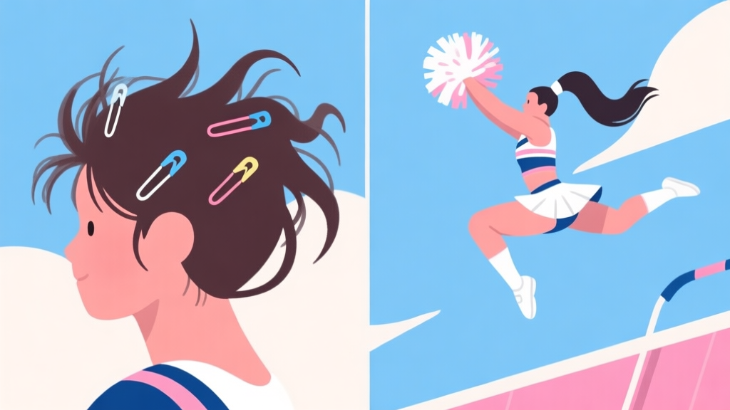 A flat design illustration showing a comparison between a disheveled cheer hairstyle with flying hairpins and a perfectly intact, sleek high ponytail during a mid-air stunt, using a soft color palette of blues, pinks, and whites high quality illustration, detailed, 16:9