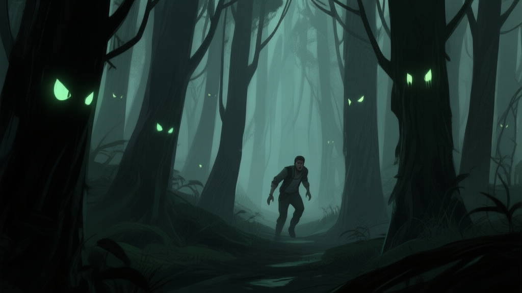 A dimly lit game scene showing a character cautiously navigating through a dark forest, with faint glowing eyes visible between the trees, soft green and grey color palette, atmospheric and slightly tense mood high quality illustration, detailed, 16:9
