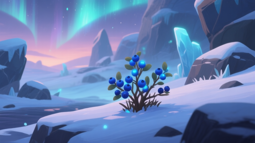 A serene, snowy in-game landscape at dusk, with soft glowing blue berries visible on a small, resilient bush against a backdrop of icy rocks and aurora lights, rendered in a painterly video game art style high quality illustration, detailed, 16:9