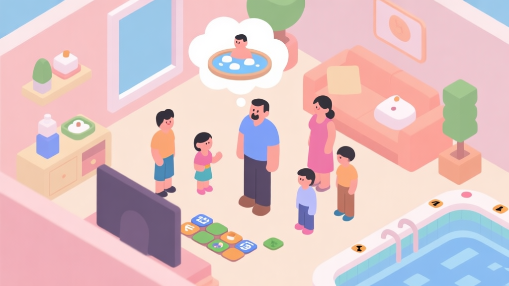 A cozy, top-down view of a casual game scene showing a father character with a thought bubble of a spa, surrounded by family members with different needs, soft pastel color palette, isometric view high quality illustration, detailed, 16:9