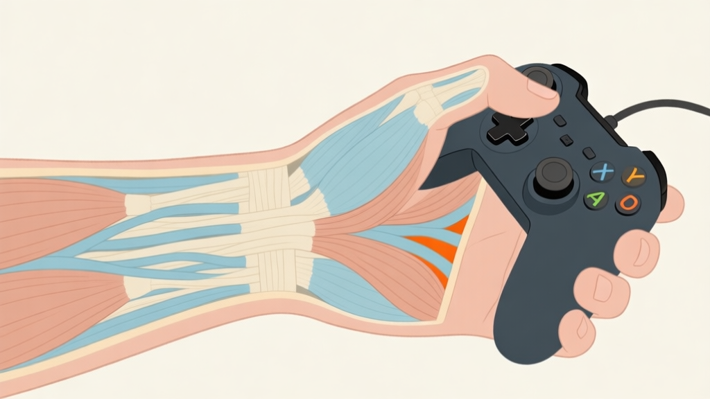 An illustrated cross-section of a human hand holding a game controller, showing tendons and muscles in soft, muted colors like light blue and beige, with subtle stress points highlighted in gentle orange high quality illustration, detailed, 16:9