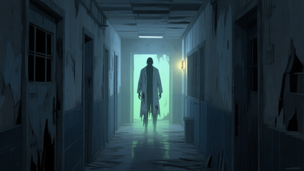 A dark, atmospheric corridor in a ruined asylum, viewed from a first-person perspective. A faint, distorted silhouette of a tall figure in a tattered lab coat is barely visible at the far end, backlit by a flickering light. The image should evoke tension and mystery, using a muted color palette of greys, dark blues, and sickly greens. high quality illustration, detailed, 16:9