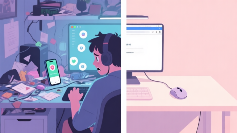 自动生成图片: A split-screen image showing a messy, distracted gaming setup on one side (cluttered desk, phone notifications) and a clean, focused setup on the other (minimalist desk, good mouse, full-screen browser), in a soft pastel color palette high quality illustration, detailed, 16:9