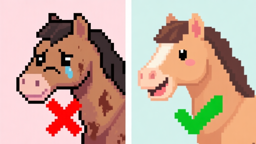 A split-screen illustration showing a sad, dirty pixel-art horse on the left with a red "X", and a happy, well-groomed pixel-art horse on the right with a green checkmark, soft pastel background high quality illustration, detailed, 16:9