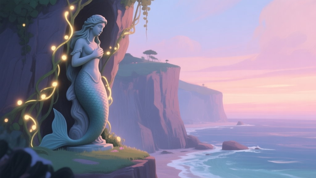 A serene, dreamlike video game scene showing a coastal cliff at dusk, with a mermaid statue partially hidden behind glowing vines, soft pastel colors, painterly style high quality illustration, detailed, 16:9