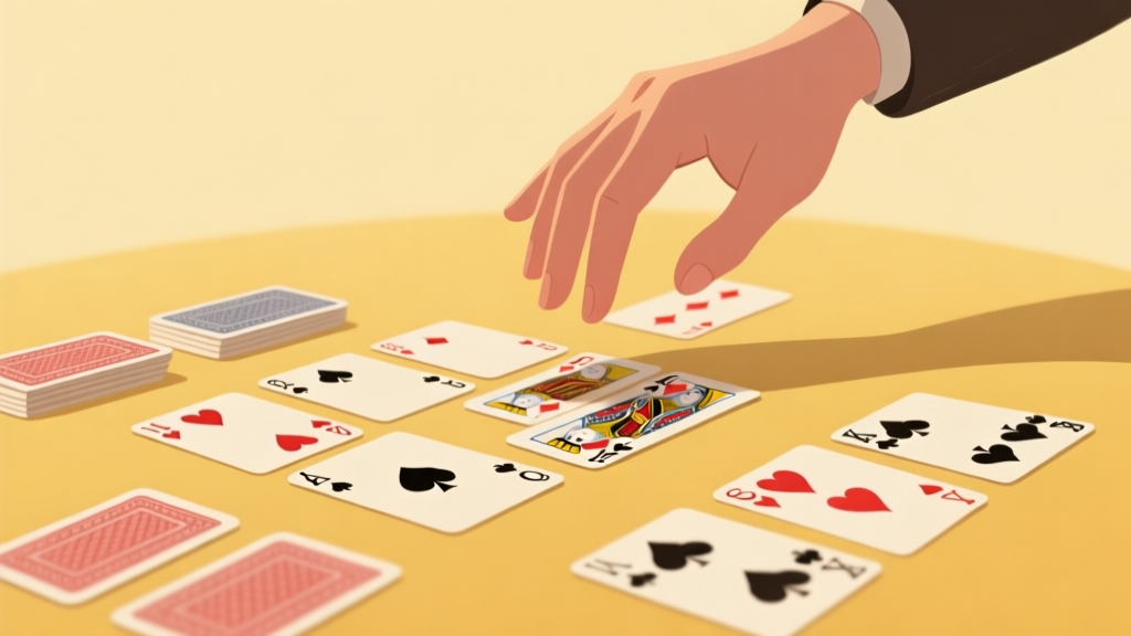 A calming, minimalist digital illustration of a hand hovering over a classic Solitaire Klondike layout on a soft golden-yellow background, cards partially organized, evoking a sense of quiet focus and casual play high quality illustration, detailed, 16:9