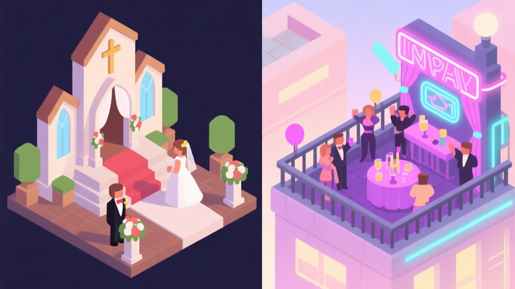 Split-screen illustration showing a classic wedding chapel scene on one side and a glamorous rooftop party with neon lights on the other, soft pastel colors, isometric game art style high quality illustration, detailed, 16:9