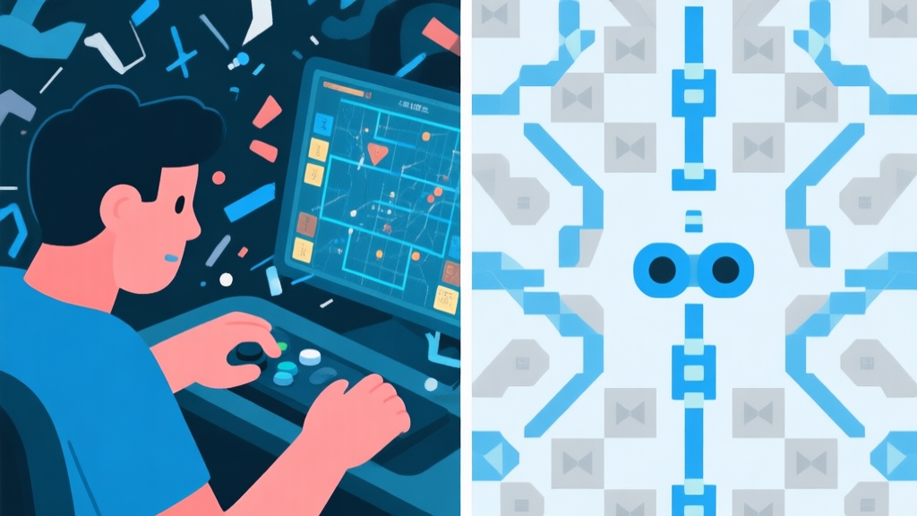 Split-screen illustration showing a human player's chaotic but strategic gameplay on one side, and a bot's perfectly geometric, repetitive movement pattern on the other, in a soft color palette of blues and greys high quality illustration, detailed, 16:9