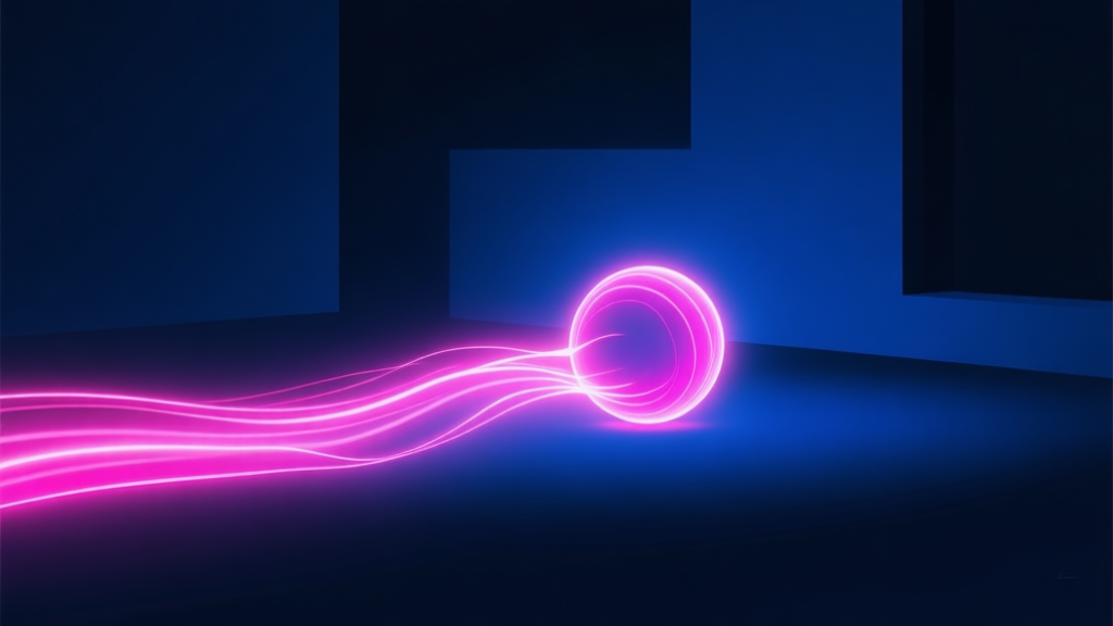 A glowing neon ball in a dark abstract space, leaving a vibrant trail of light, minimalist design with deep blues and electric pinks, evoking a sense of focus and flow high quality illustration, detailed, 16:9