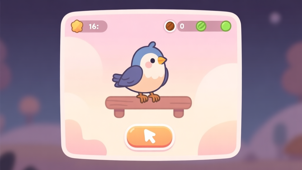 A minimalist, cozy game interface showing a cartoon bird character on a perch, with a large click button and simple resource counters, in a soft pastel color palette with gentle gradients high quality illustration, detailed, 16:9