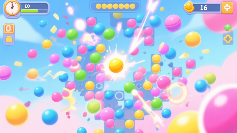 自动生成图片: A chaotic but readable game screen overlay from a puzzle-blast game, showing many colored orbs, timers, and special effects in a state of controlled frenzy, using a soft pastel color palette with blues, pinks, and yellows high quality illustration, detailed, 16:9