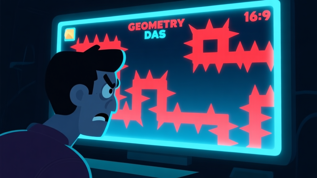 A frustrated player looking at a Geometry Dash level on a glowing screen, with complex spike and jump patterns highlighted in red, soft blue and dark background, minimalist game art style high quality illustration, detailed, 16:9
