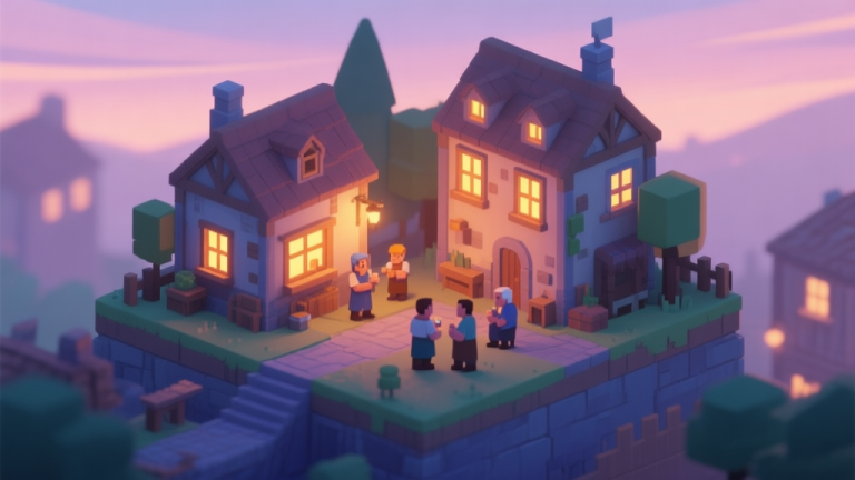 自动生成图片: A cozy, isometric view of a small video game town at dusk, with warm lights in windows, a few villagers chatting, and a peaceful atmosphere, soft pastel color palette, digital painting high quality illustration, detailed, 16:9