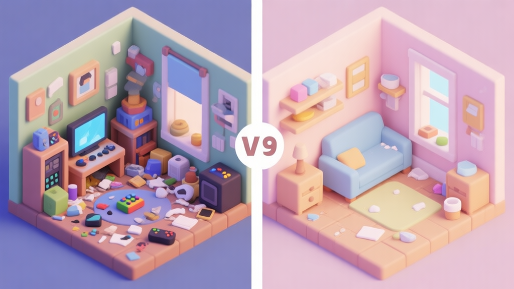 Split-screen comparison of a messy, cluttered game room with items scattered everywhere, and the same room perfectly clean and organized, in a cozy isometric game art style, soft pastel colors high quality illustration, detailed, 16:9