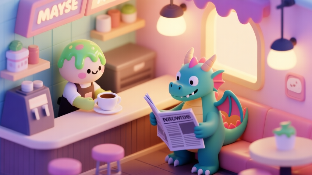 Cozy isometric illustration of a monster-themed cafe, with a cute slime serving coffee and a dragon reading a newspaper, warm lighting, soft pastel colors high quality illustration, detailed, 16:9