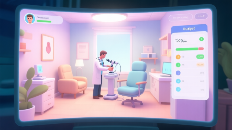 自动生成图片: A cozy, brightly lit virtual doctor's office in a simulation game. On screen, a player is strategically placing a dermatoscope device and a comfortable chair in a room, with a budget panel visible on the side showing resource allocation. Soft pastel color palette. high quality illustration, detailed, 16:9