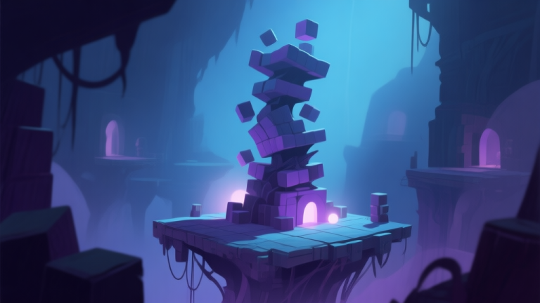 自动生成图片: A dimly lit, atmospheric game scene showing a wobbly tower of abstract blocks on a precarious platform, with soft glows and eerie shadows, using a muted color palette of blues and purples high quality illustration, detailed, 16:9