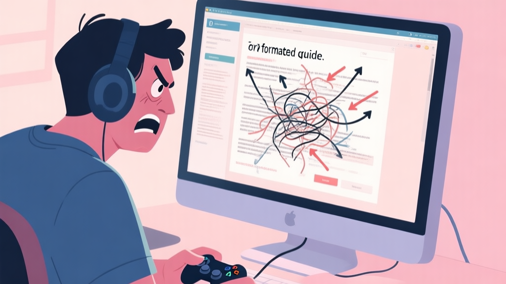 A frustrated gamer looking at a poorly formatted guide on a computer screen, with messy text and confusing arrows, in a soft pastel color palette high quality illustration, detailed, 16:9