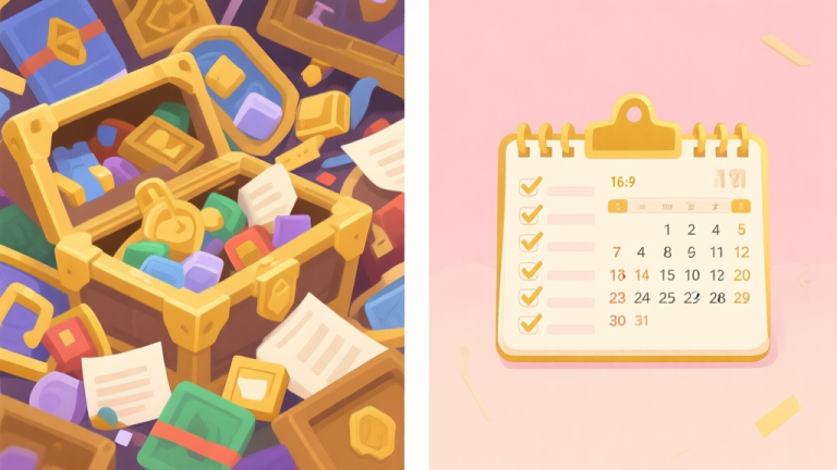 自动生成图片: A split-screen illustration showing a chaotic game inventory on one side and a neatly organized checklist and calendar on the other, in a soft pastel color palette with gold accents high quality illustration, detailed, 16:9