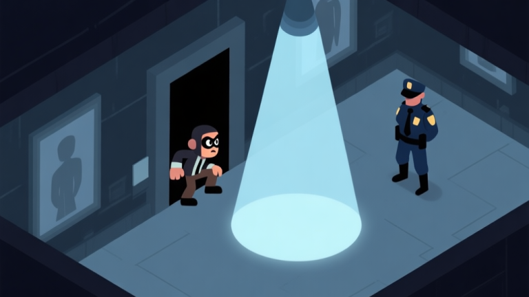 自动生成图片: A stylized, top-down view of a dark museum level from Bob the Robber 3, showing a small thief character hiding in a shadowy corner, avoiding the cone of light from a patrolling guard, soft blue and grey color palette, minimalist game art style high quality illustration, detailed, 16:9