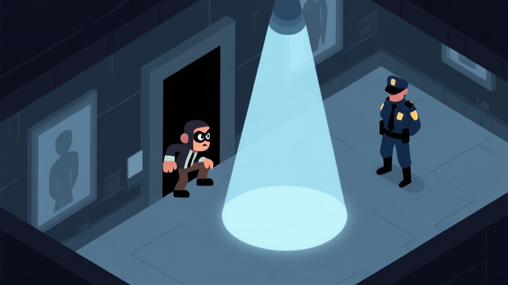 A stylized, top-down view of a dark museum level from Bob the Robber 3, showing a small thief character hiding in a shadowy corner, avoiding the cone of light from a patrolling guard, soft blue and grey color palette, minimalist game art style high quality illustration, detailed, 16:9