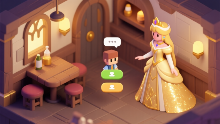 自动生成图片: A soft, isometric illustration of a fantasy game tavern corner, with a shimmering, elegantly dressed NPC princess figure on one side and a player avatar with dialogue options floating between them, in a warm, muted color palette with gold accents high quality illustration, detailed, 16:9