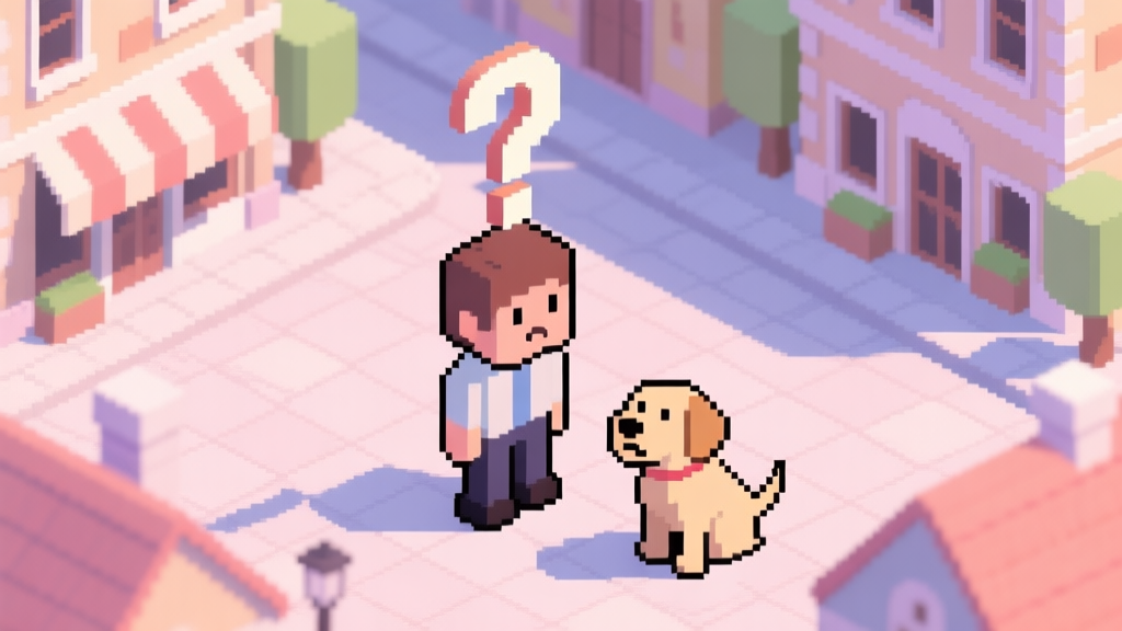A puzzled player character standing in a pixel-art style town square with a friendly Labrador, a large question mark above their head, soft pastel colors, isometric view high quality illustration, detailed, 16:9