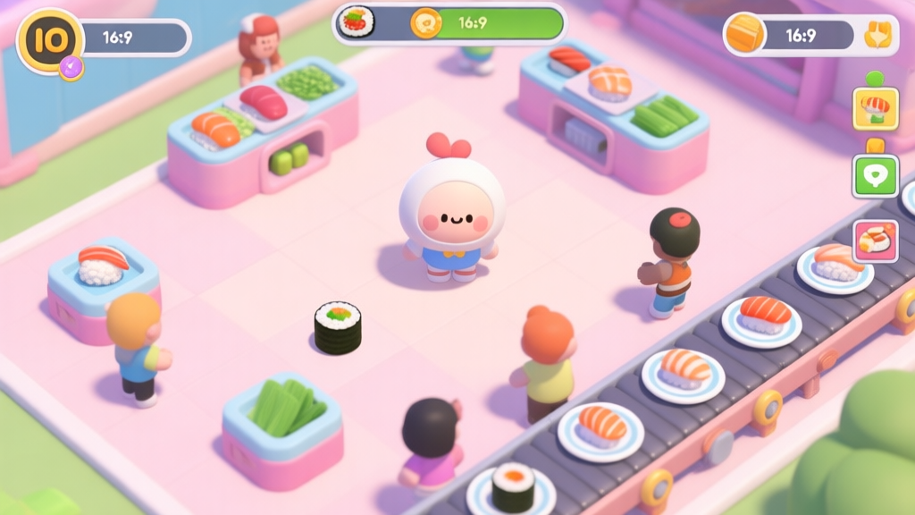 A vibrant, top-down view of a Sushi Party IO game scene, showing a cute character in the center surrounded by ingredient stations, other players, and a conveyor belt with sushi plates, in a soft pastel color palette with clean UI elements high quality illustration, detailed, 16:9