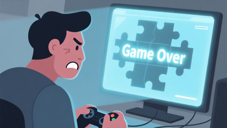 自动生成图片: A frustrated gamer looking at a glowing puzzle screen with a "Game Over" message, soft shadows, muted color palette of blues and grays, flat illustration style high quality illustration, detailed, 16:9
