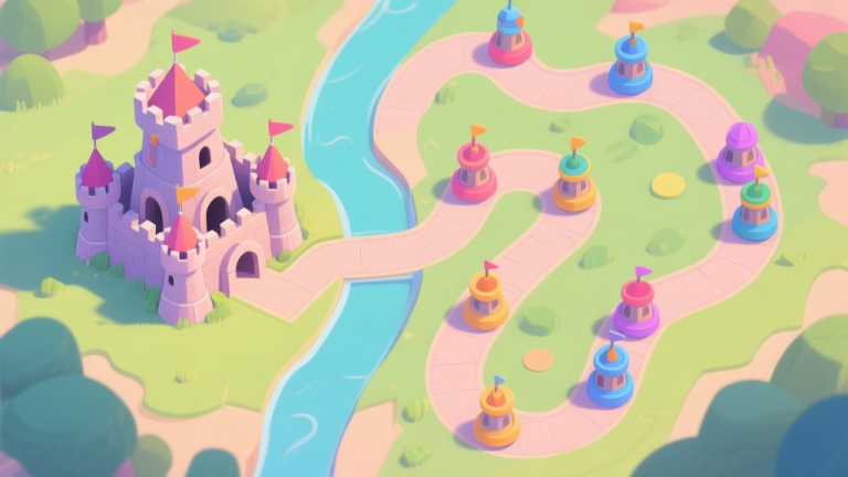 自动生成图片: A top-down view of a colorful Tower Defense game map, showing a winding path. On one side, towers are clustered incorrectly in a corner, while the other side demonstrates optimal tower placement with varied types spread along the path's curves. Soft pastel color palette. high quality illustration, detailed, 16:9