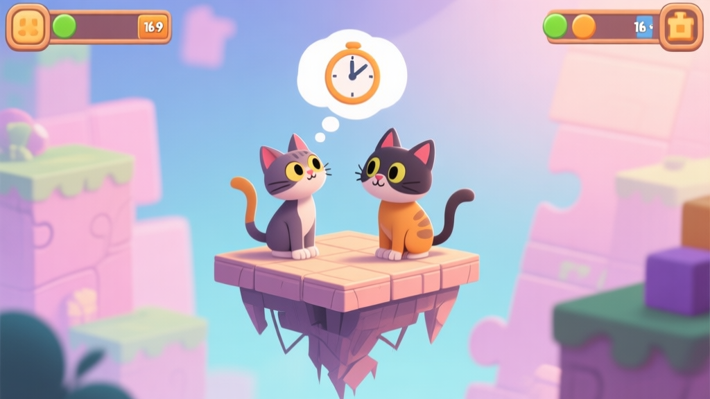 Two stylized cartoon cats on a precarious platform in a pastel-colored puzzle game environment, one cat is looking at the other with a thought bubble showing a clock symbol, soft lighting, cooperative game scene high quality illustration, detailed, 16:9