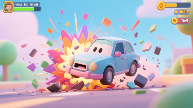 自动生成图片: A stylized, playful 3D render of a cartoon car mid-crash, with colorful explosion particles and flying debris, soft pastel color palette, dynamic angle, game UI elements showing a score multiplier increasing high quality illustration, detailed, 16:9
