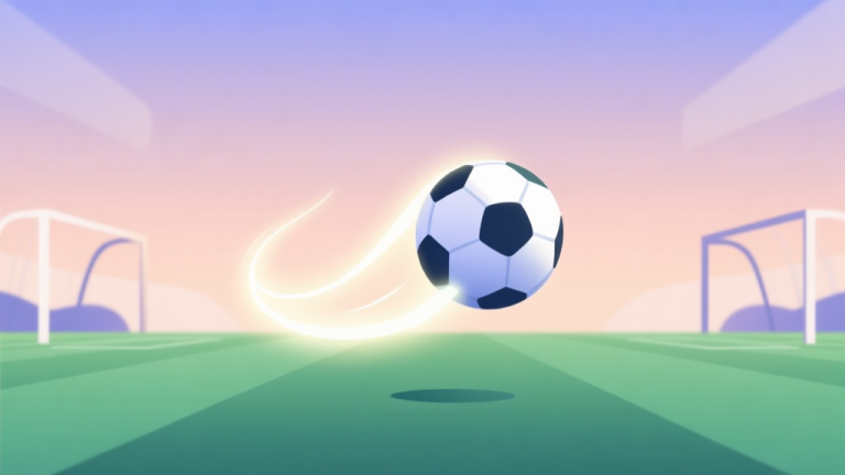 自动生成图片: A dynamic, minimalist game scene showing a stylized soccer ball mid-air with a glowing trail, set against a soft gradient field background, with abstract goalposts in the distance, flat design style high quality illustration, detailed, 16:9