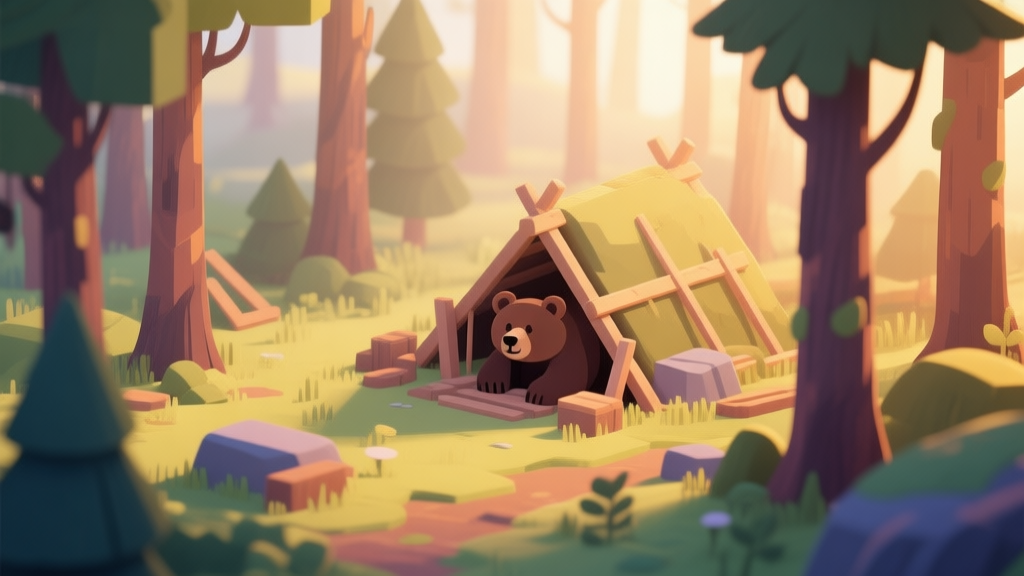 A cozy, isometric view of a forest clearing with a small bear den being constructed, soft morning light filtering through trees, warm and inviting color palette, digital painting style high quality illustration, detailed, 16:9