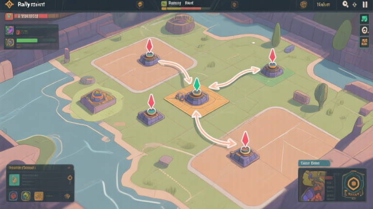 自动生成图片: Top-down tactical map view of a multiplayer game, showing strategic rally point placement near key objectives, with soft arrows indicating player flow and control zones, muted color palette high quality illustration, detailed, 16:9