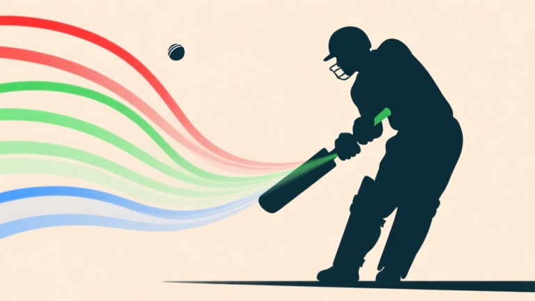 自动生成图片: A minimalist side-view illustration of a cricket batsman's silhouette, with multiple transparent, curved trajectory lines of a ball approaching the bat. The lines are color-coded from red (too early) to green (perfect) to blue (too late), on a soft beige background. high quality illustration, detailed, 16:9