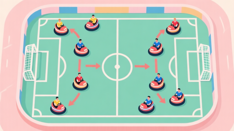 自动生成图片: Top-down view of a bumper cars soccer arena, with two teams in distinct jersey colors forming structured positions, arrows showing movement and passing lanes, soft pastel colors, clean lines high quality illustration, detailed, 16:9