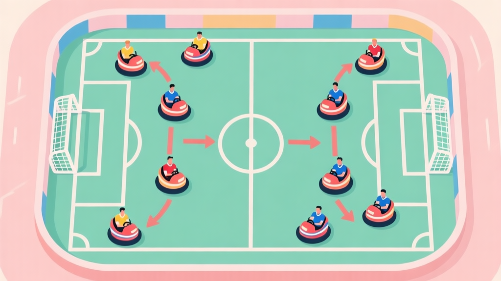 Top-down view of a bumper cars soccer arena, with two teams in distinct jersey colors forming structured positions, arrows showing movement and passing lanes, soft pastel colors, clean lines high quality illustration, detailed, 16:9