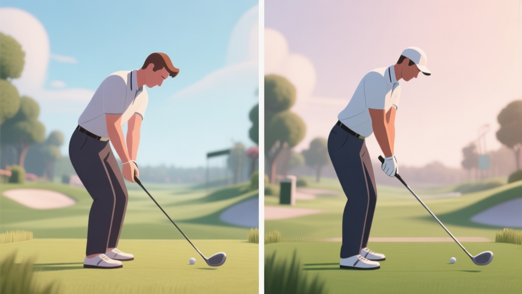 Side-by-side comparison of a beginner's awkward golf swing versus a professional's smooth swing in a video game setting, showing key posture and angle differences, soft color palette high quality illustration, detailed, 16:9